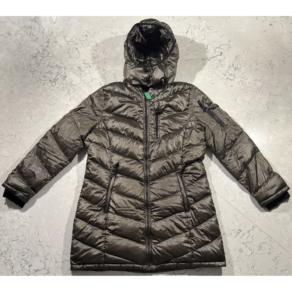 Andrew Marc Packable Premium Down Jacket Womens XL Green Hooded Puffer Parka